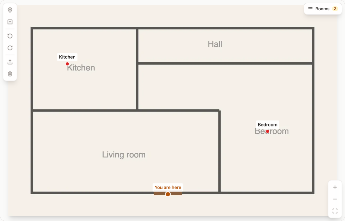 iPakker floor plan showing marked rooms and a walking path